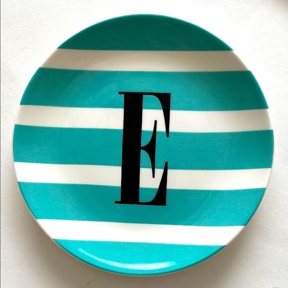 NWT Kate Spade NY Wickford To The Letter E Dish Plate Turquoise White Stripe - Picture 1 of 7